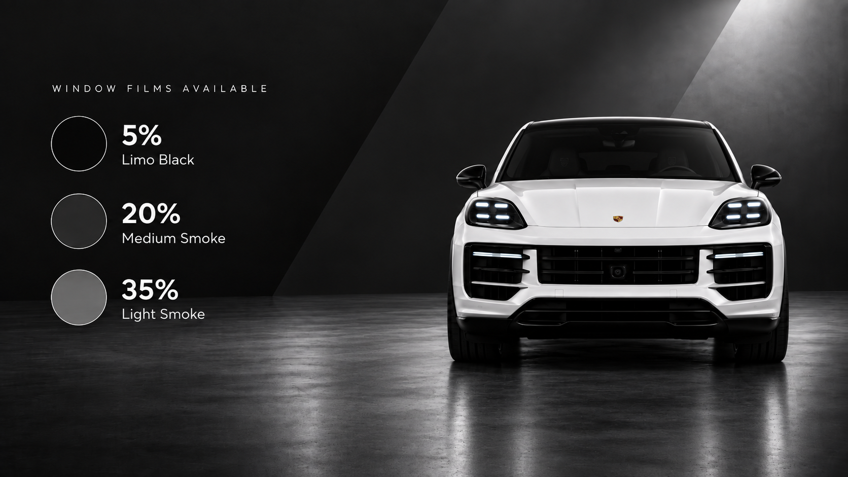 Window films available from Tint My Ride: 5% Limo Black, 20% Medium Smoke and 35% Light Smoke